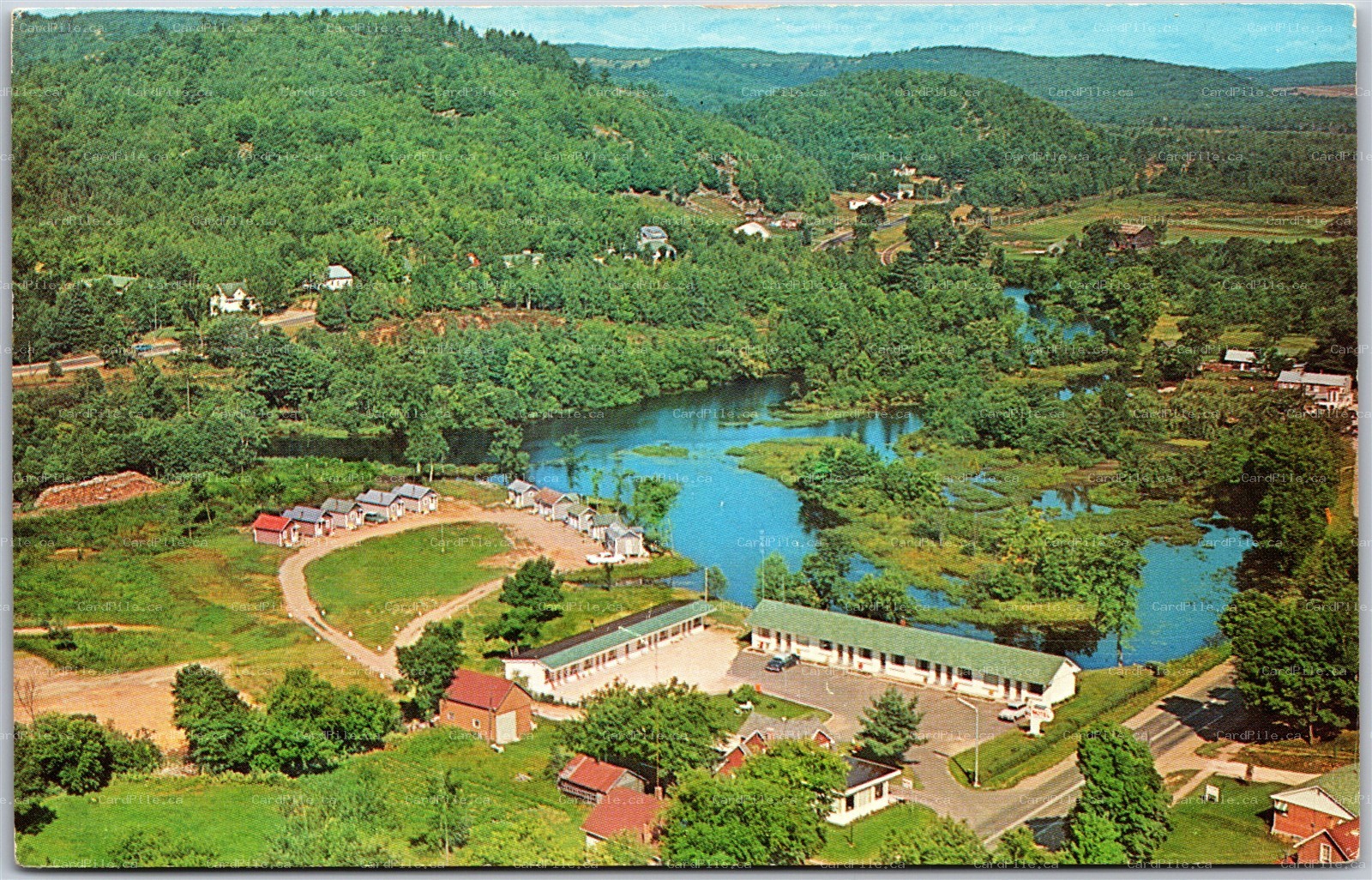 Postcard Bancroft Ontario Aerial View Vader's Riverside Motel and Cottages