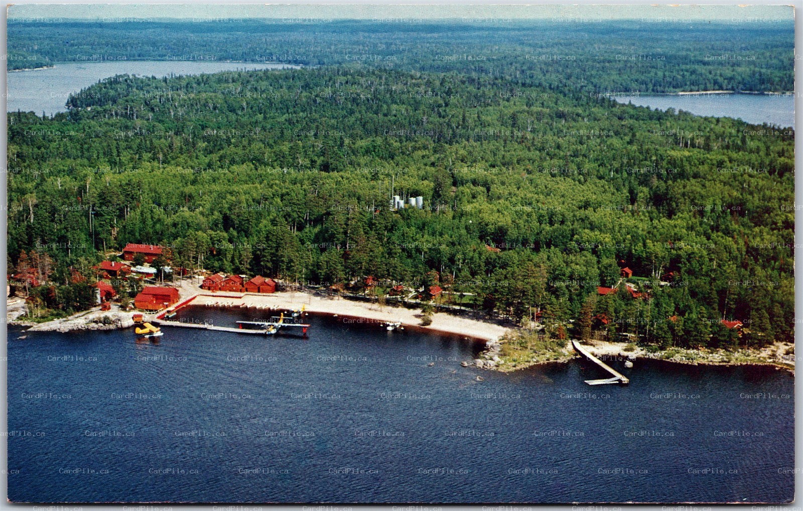 Postcard Kenora Ontario Aerial View Barney's Ball Lake Lodge Float Planes