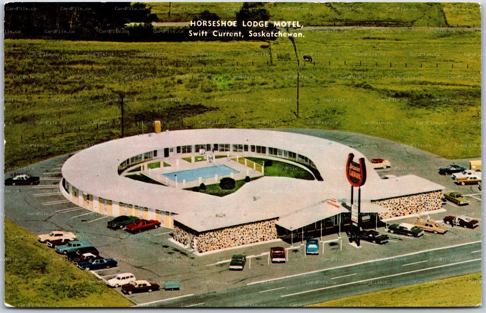 Postcard Swift Current Saskatchewan Horseshoe Lodge Motel Highway #1 Aerial View