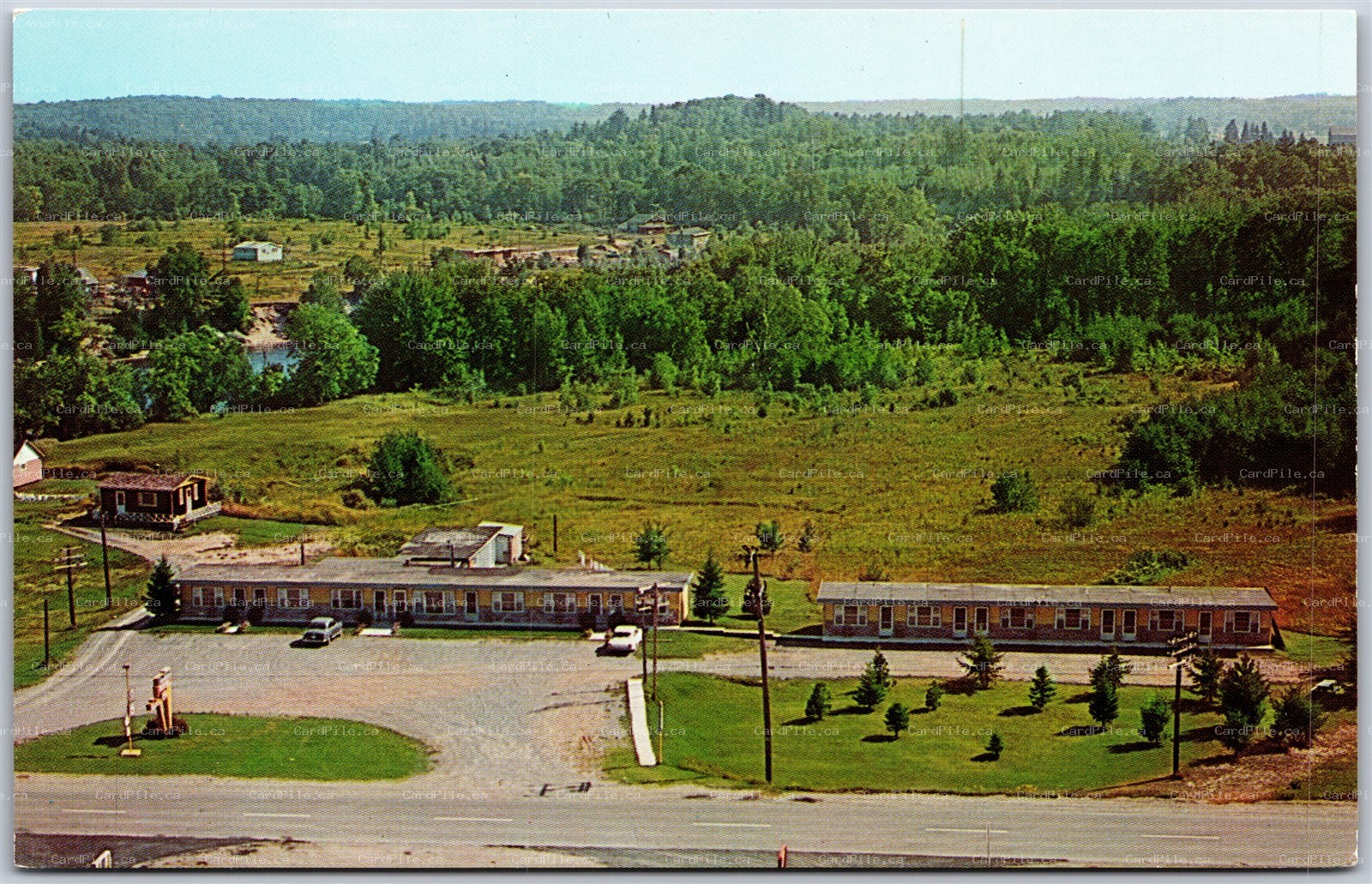 Postcard Iron Bridge Ontario Motel Roadside Aerial View Old Cars Algoma District