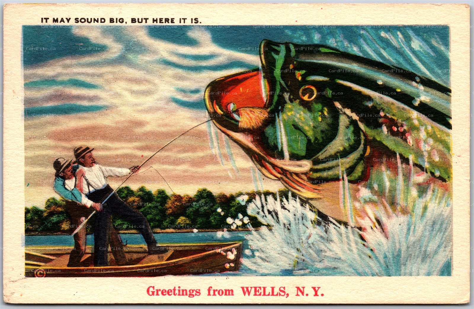 Postcard c1955 Greetings From Wells New York Freak Fish Comic Exaggerated
