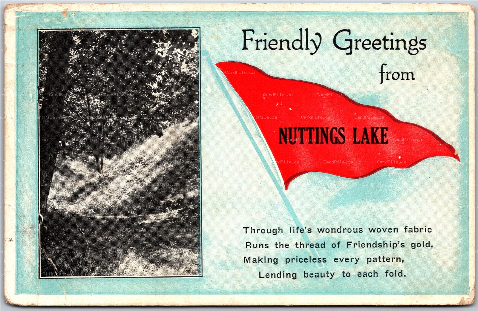Postcard 1923 Friendly Greetings from Nuttings Lake MA Pennant Flag *as is*