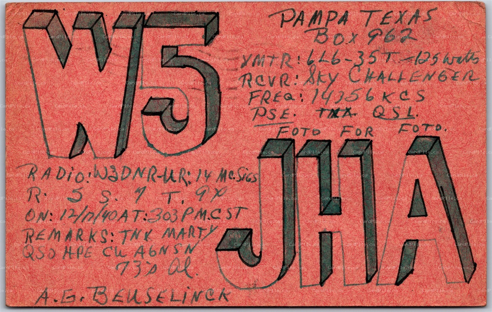 QSL Postcard Pampa Texas c1940 W5JHA A. G. Beuselinck Handmade to Conciville VA