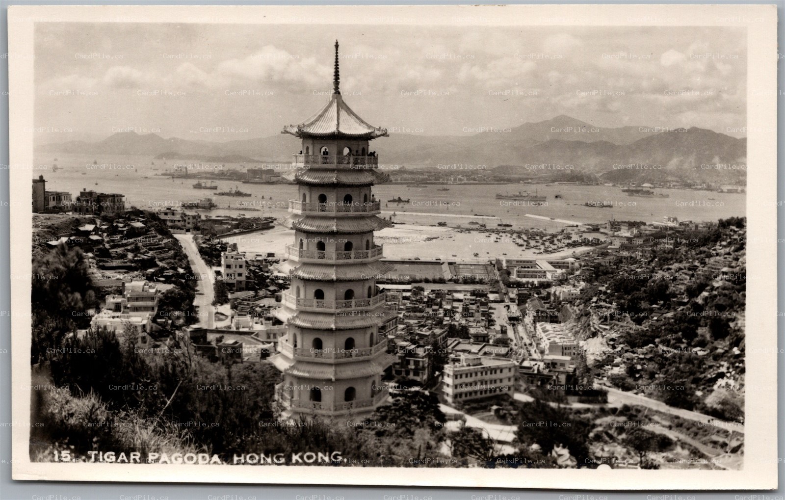 Postcard RPPC c1950s Hong Kong China Tiger Pagoda View of Harbor Ships Skyline