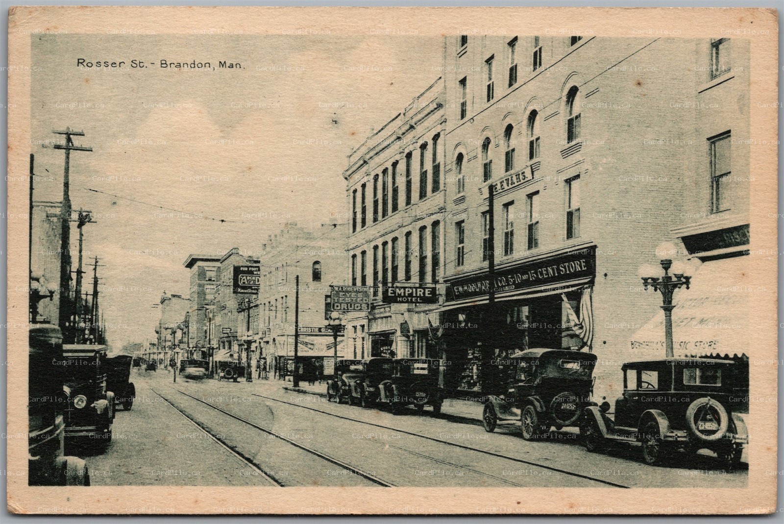 Postcard Brandon Manitoba Rosser St. Old Cars Shops Signs by PECO