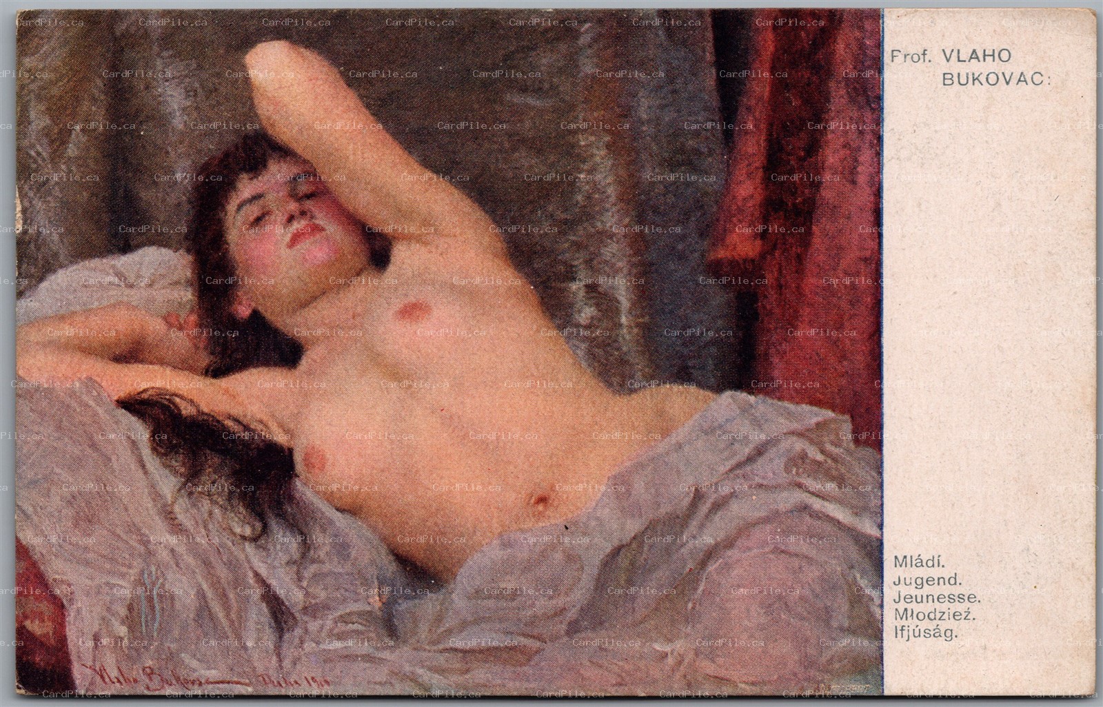 c1910 Erotic Lady Reclining Czech Prague Salon Arist Signed Vlaho Bukovac
