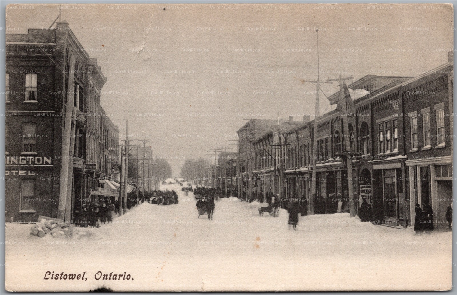 Postcard Listowel Ontario c1913 Street View Winter Scene Split Ring Walton ONT