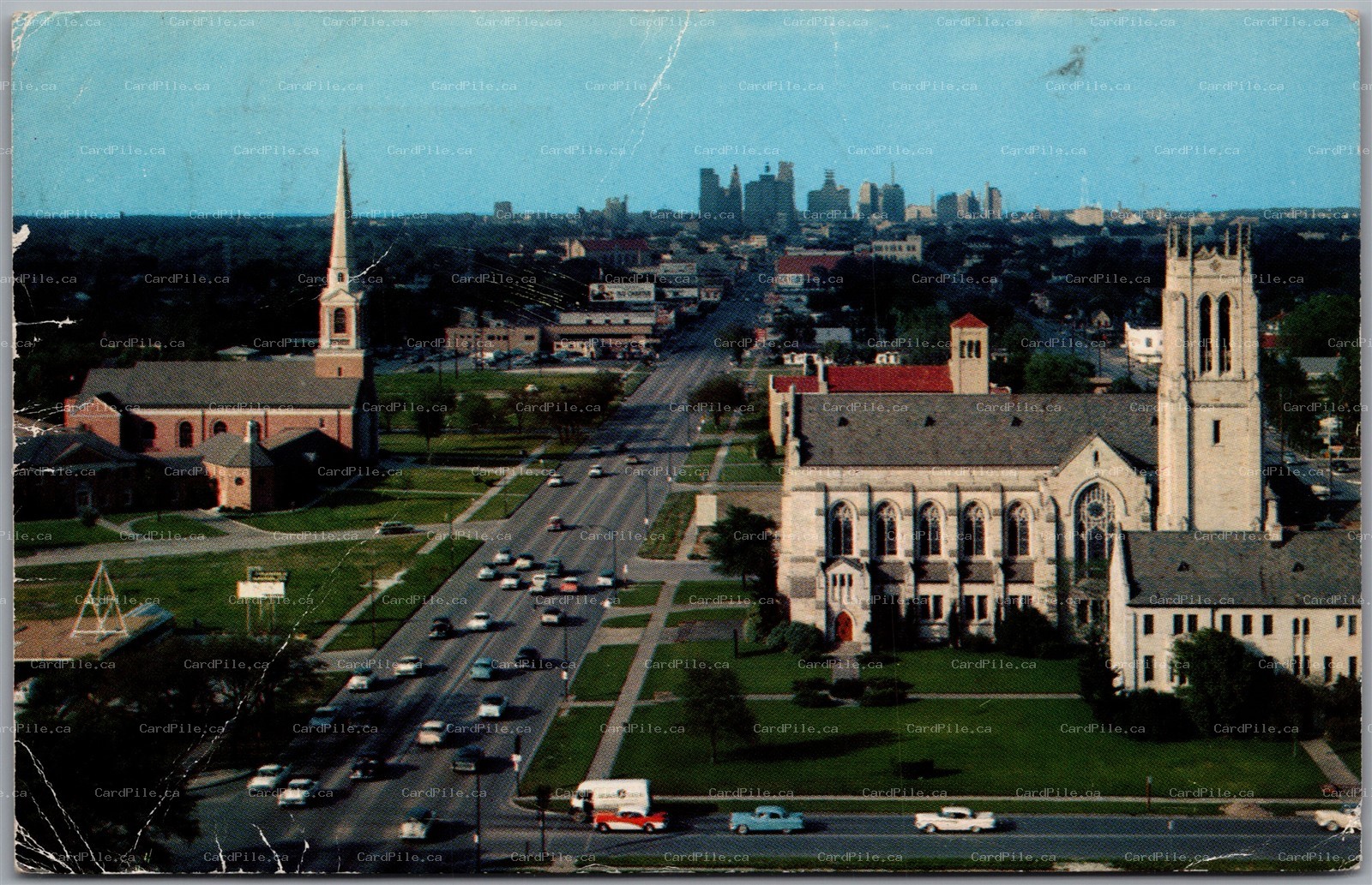 Postcard Houston Texas c1958 Panoramic View of the City Skyline Old Cars *as is*