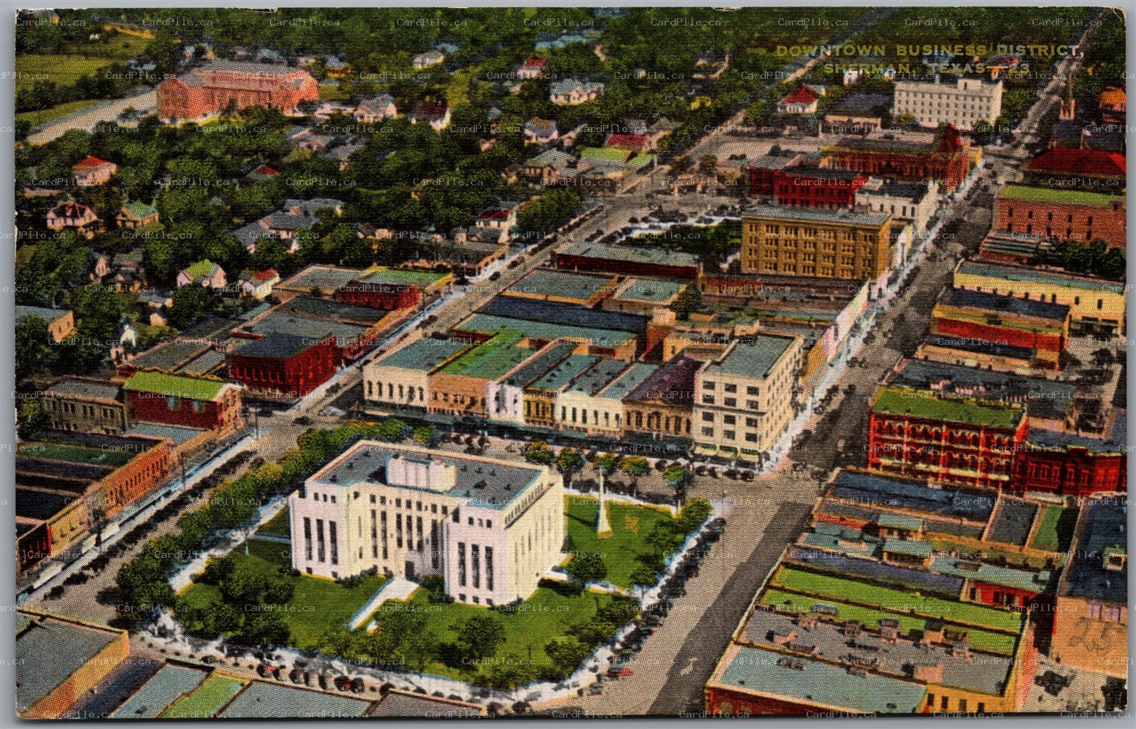 Postcard Sherman Texas c1950 Aerial View Downtown Business District to Tyrone PA