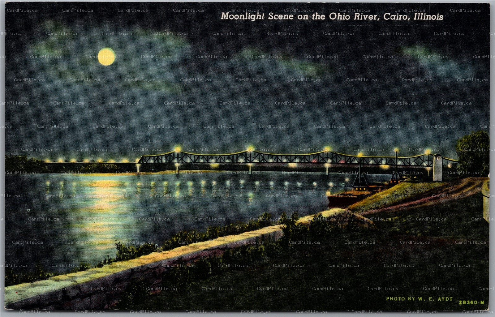 Postcard Cairo Illinois c1942 Moonlight Scene on the Ohio River Alexander County