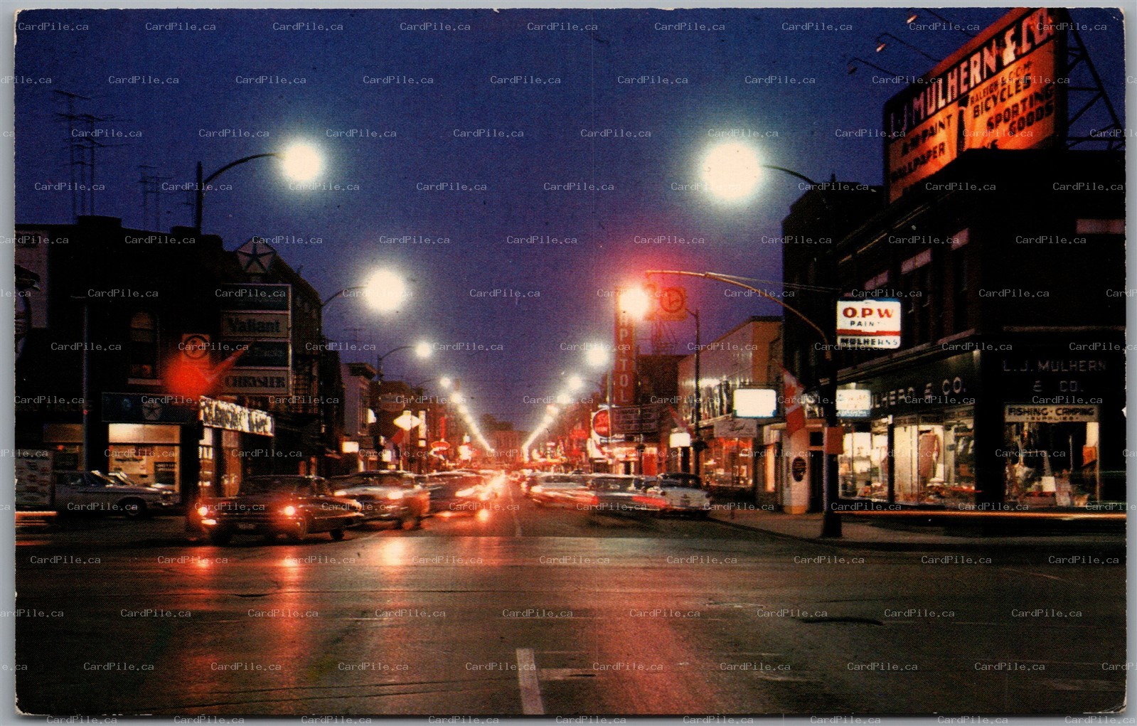 Postcard Chatham Ontario c1960s King Street Twilight View L. J. Mulhern & Co.
