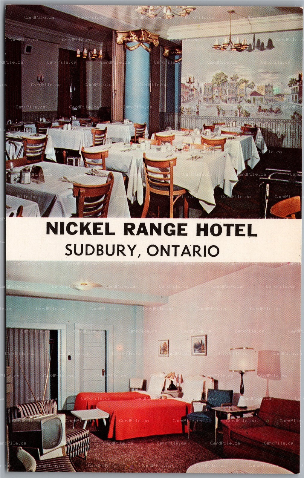 Postcard Sudbury Ontario c1960s Nickel Range Hotel MCM Furniture Dual View