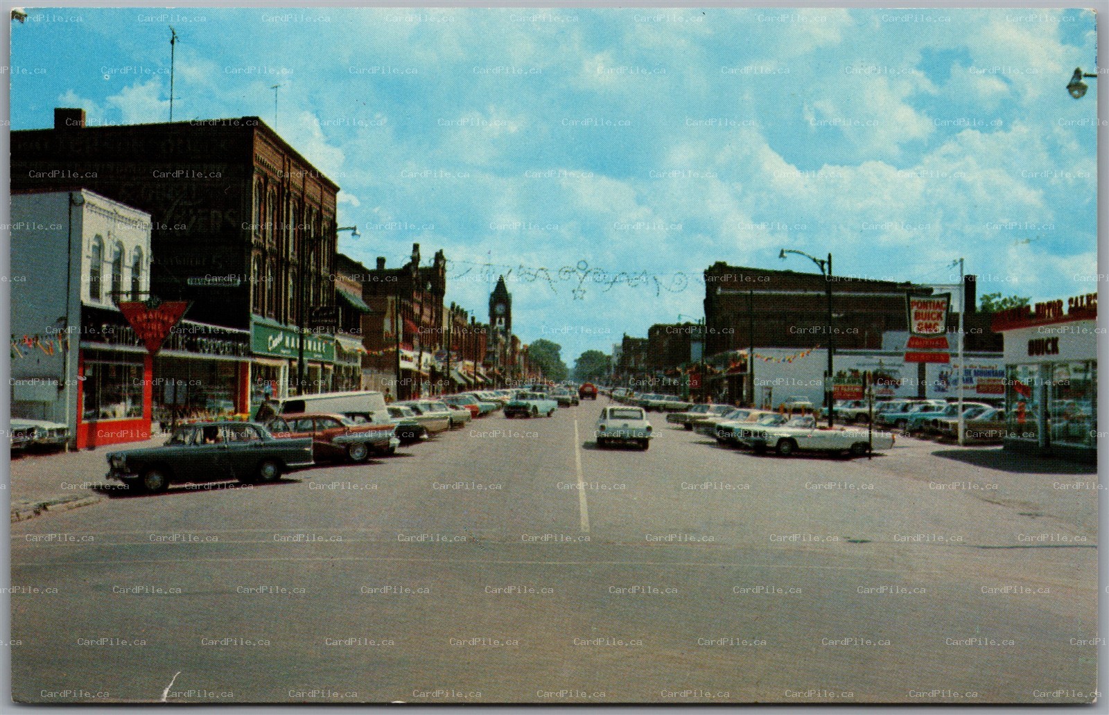 Postcard Collingwood Ontario Main Street Pontiac Buick GMC Dealership Old Cars
