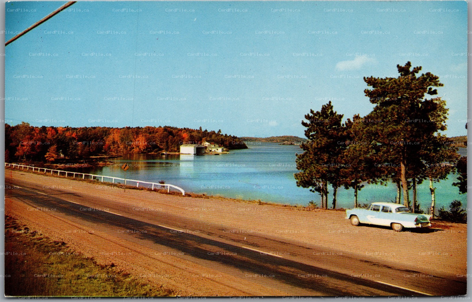 Postcard Blind River Ontario c1960s Lake Lauzon Scenic View Old Car