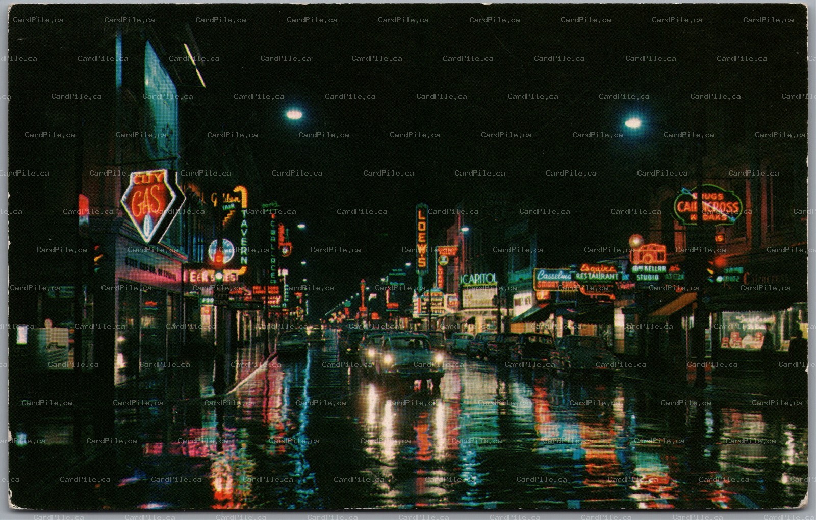 Postcard London Ontario c1964 Night View of Dundas Street Old Cars Neon Signs
