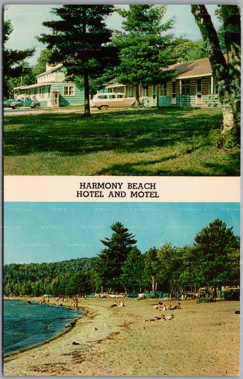 Postcard Goulais Bay Post Office Ontario Harmony Beach Hotel Motel Old Cars