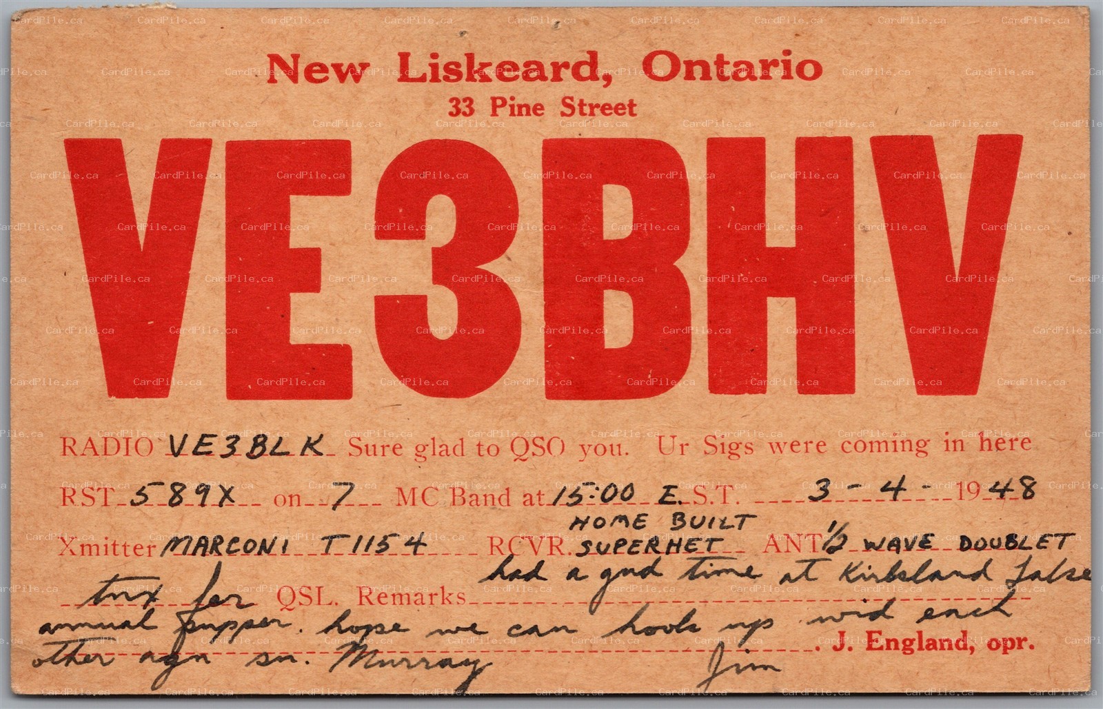 QSL 1948 Amateur Ham Radio Card VE3BHV New Liskeard Ontario Jim England