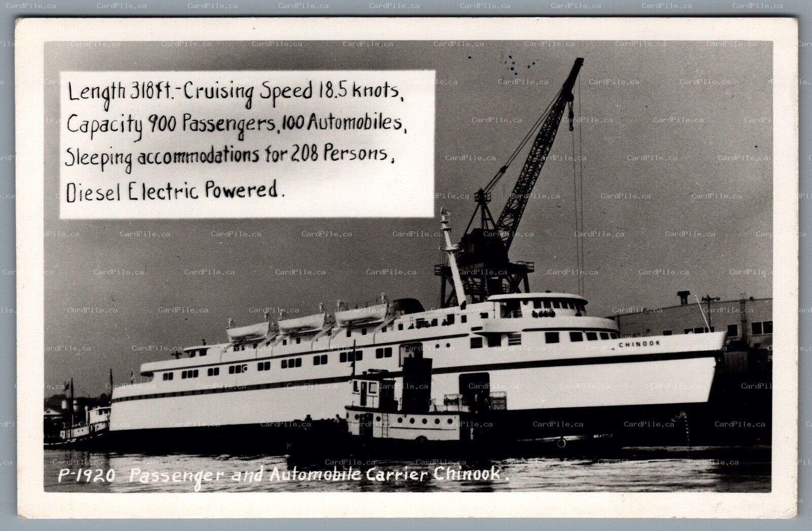 Postcard RPPC c1950s Puget Sound WA Chinook Car Carrier with Beattle Tug Boat