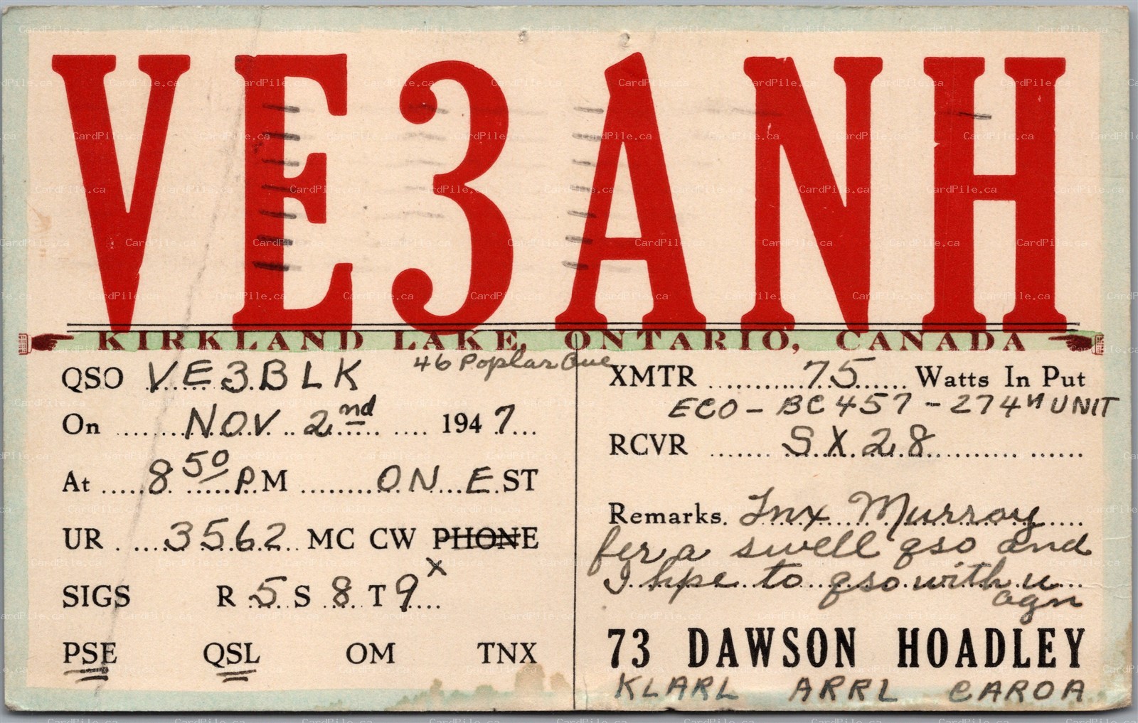 QSL 1947 Amateur Ham Radio Card VE3ANH Kirkland Lake Ontario Dawson Hoadley