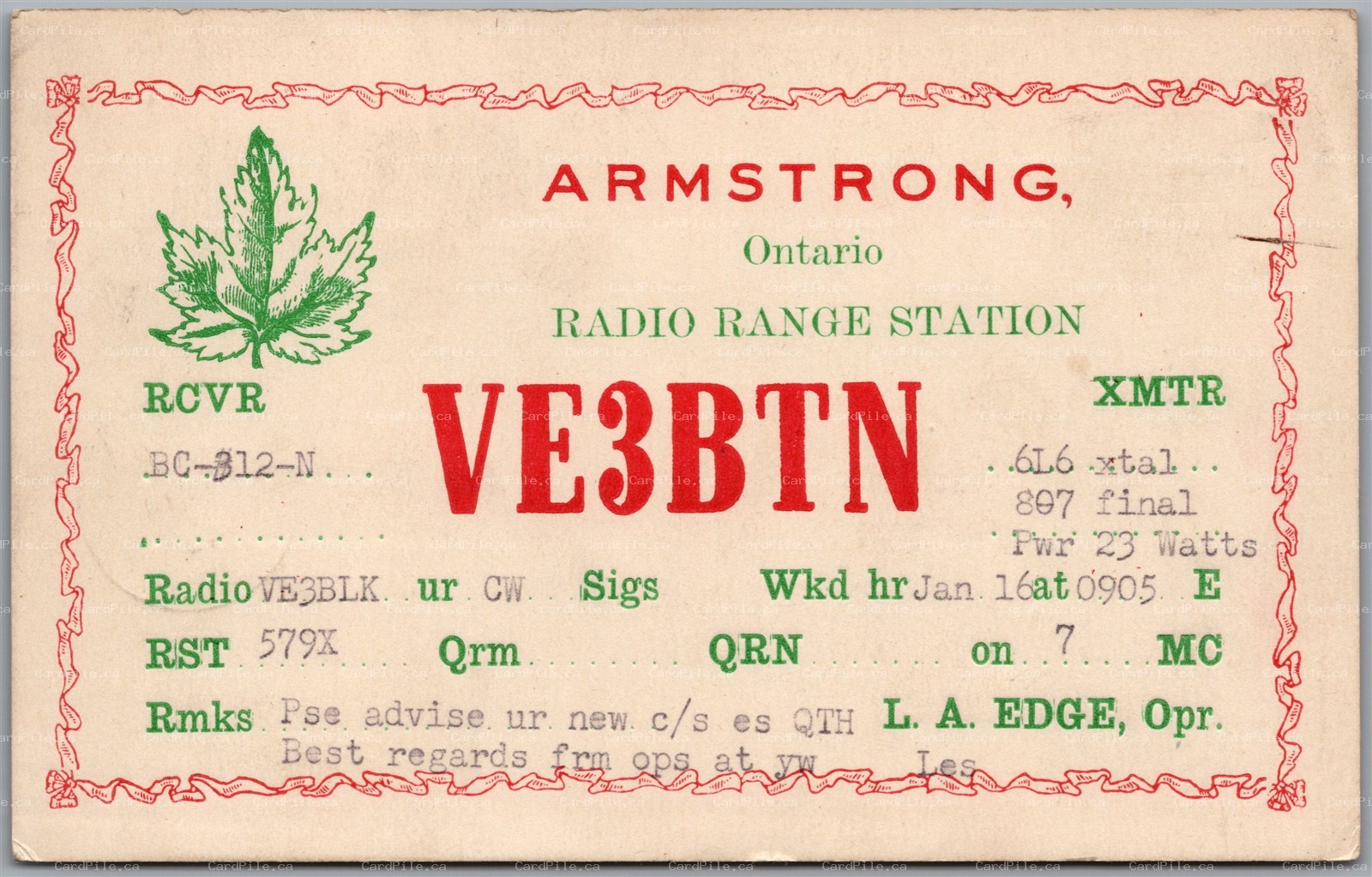 QSL 1948 Amateur Ham Radio Card VE3BTN Armstrong Ontario Les A. Edge
