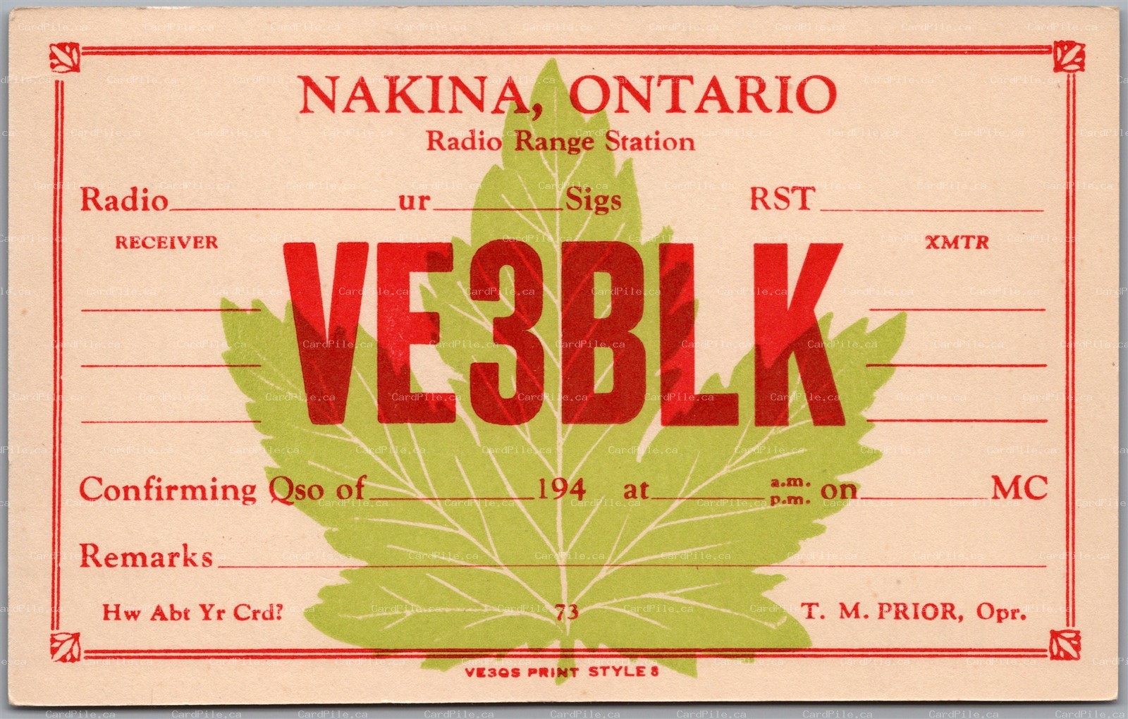 QSL 1940s Amateur Ham Radio Card VE3BLK Nakina Ontario T. Murray Prior THB
