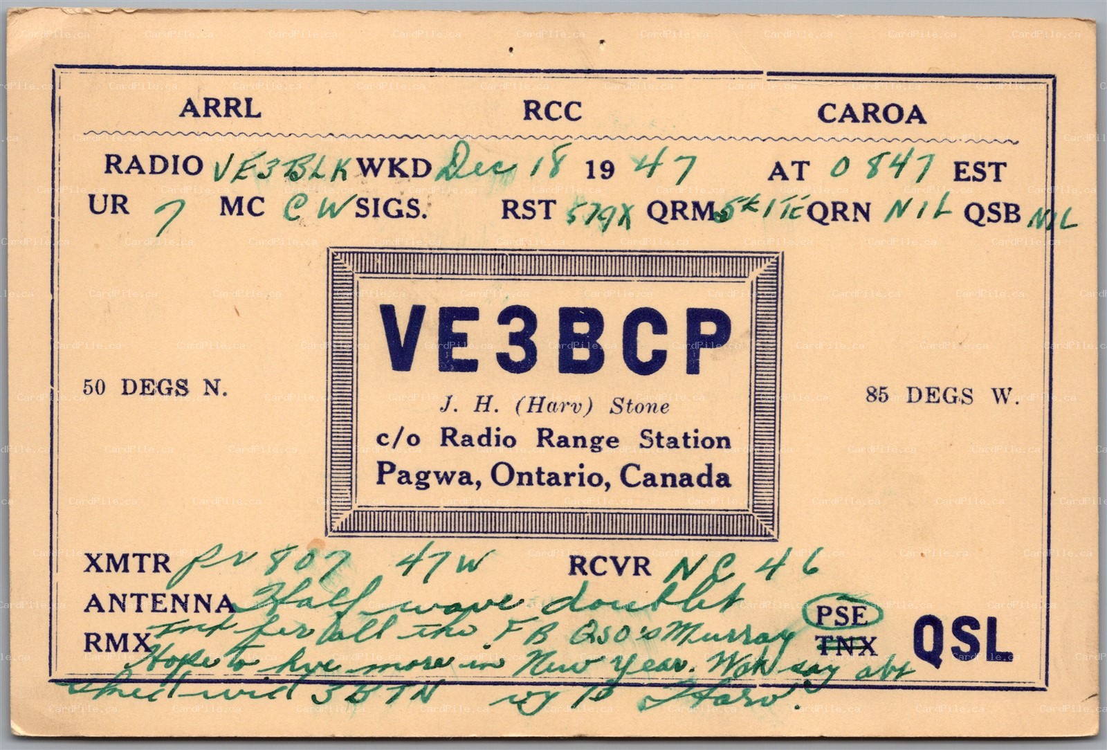 QSL 1947 Amateur Ham Radio Card VE3BCP Pagwa Ontario J. H. Stone Cochrane Dist.