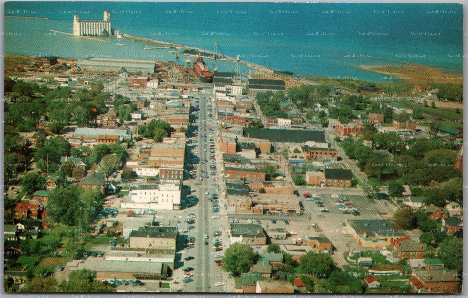 Postcard Collingwood Ontario c1960s Aerial View Main Street Harbour Ship Build