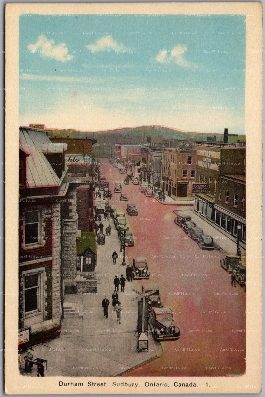 Postcard Sudbury Ontario c1930s Durham Street Old Cars Shops by PECO
