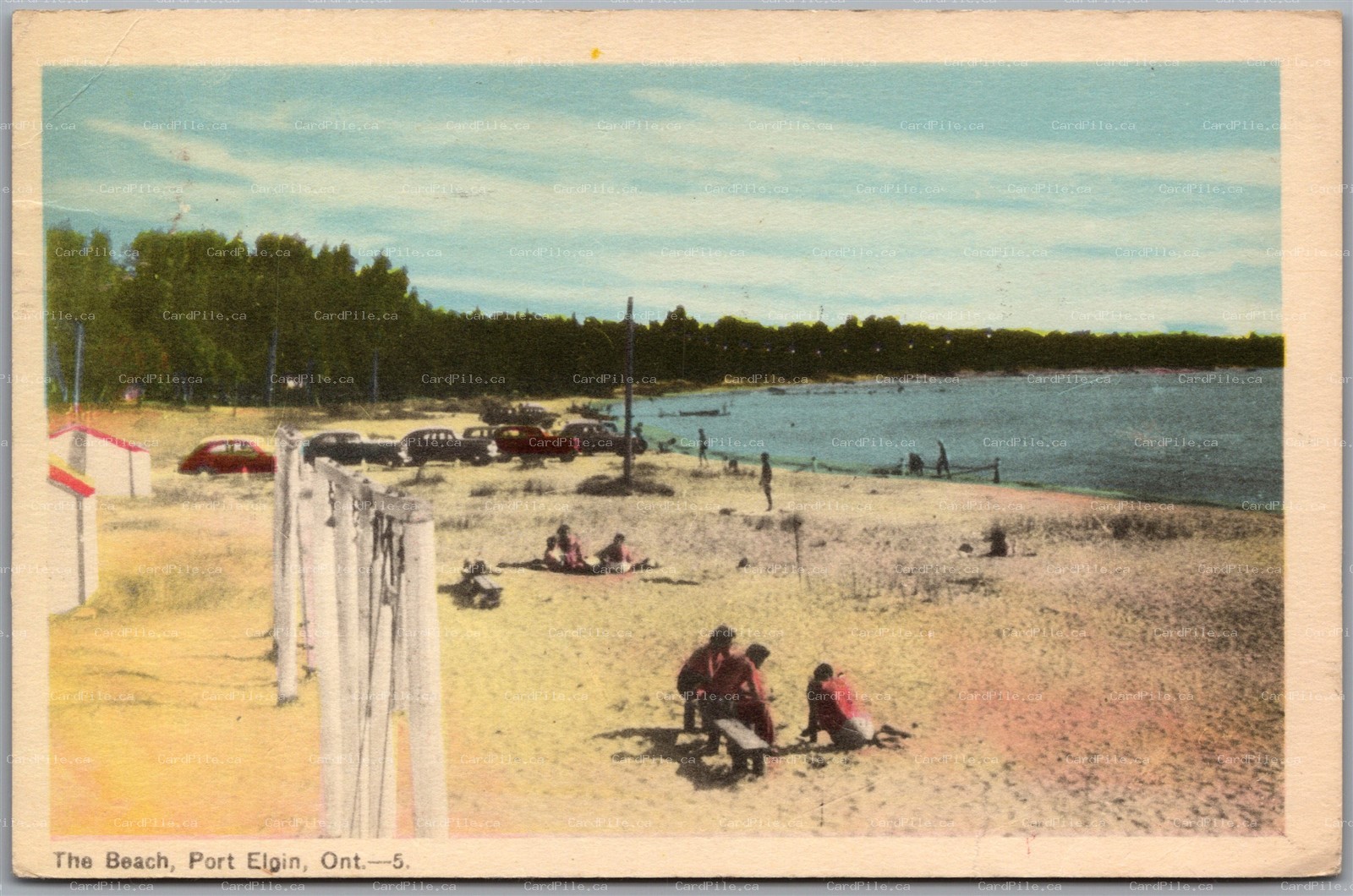 Postcard Port Elgin Ontario c1957 The Beach Old Cars Bathers Bruce County