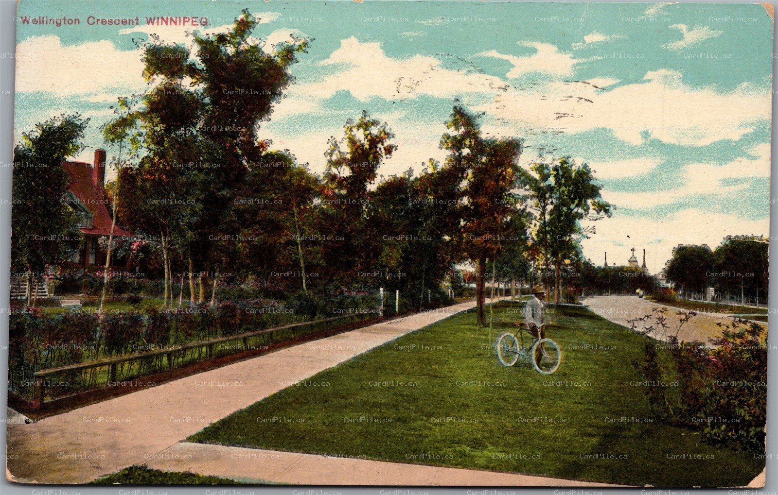 Postcard Winnipeg Manitoba Wellington c1911 Crescent Man with Bicycle