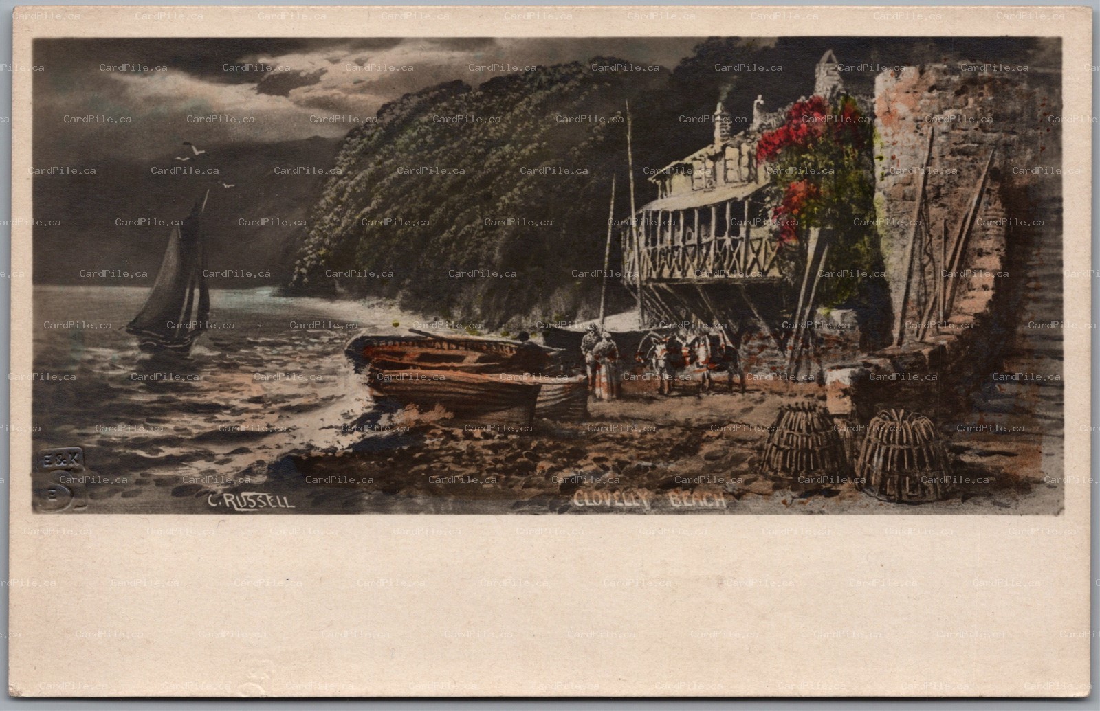 Postcard Devon Clovelly Beach England c1910s by C. Russell Artistic View
