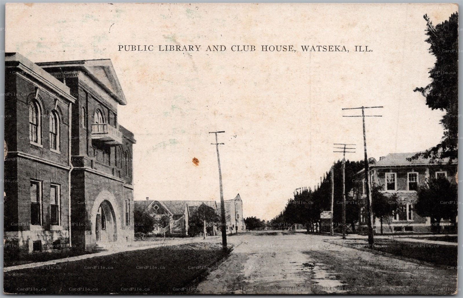 Postcard Watseka Illinois c1910 Public Library and Club House Iroquois County