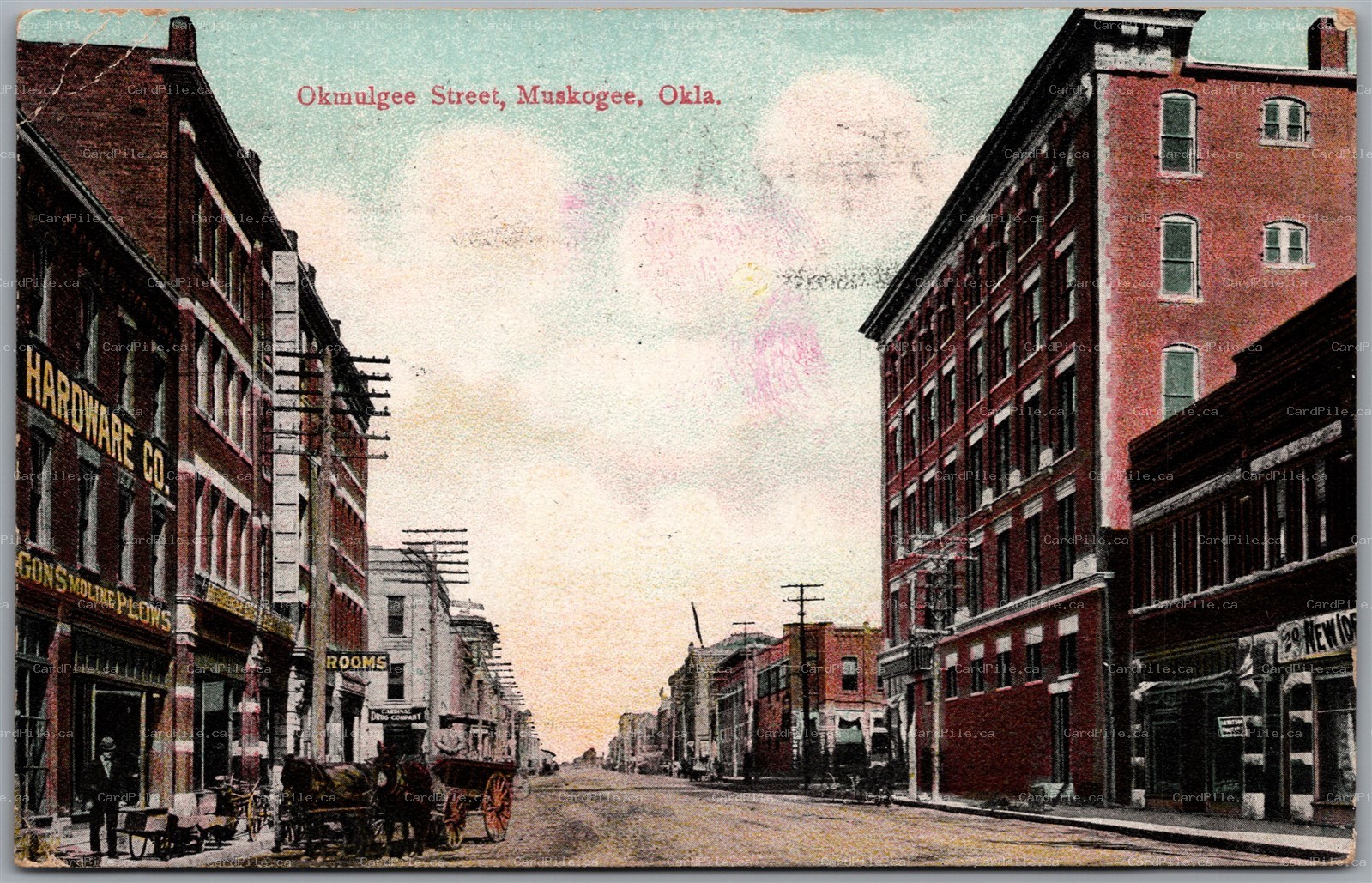 Postcard Muskogee Oklahoma c1910 Okmulgee Street Stores Signs *as is*