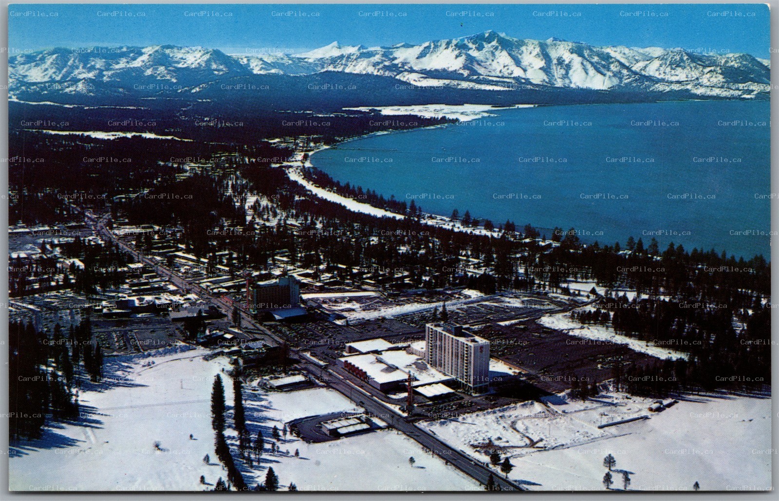 Postcard Stateline Nevada c1970s Sahara Tahoe Hotel Winter View Lake Tahoe