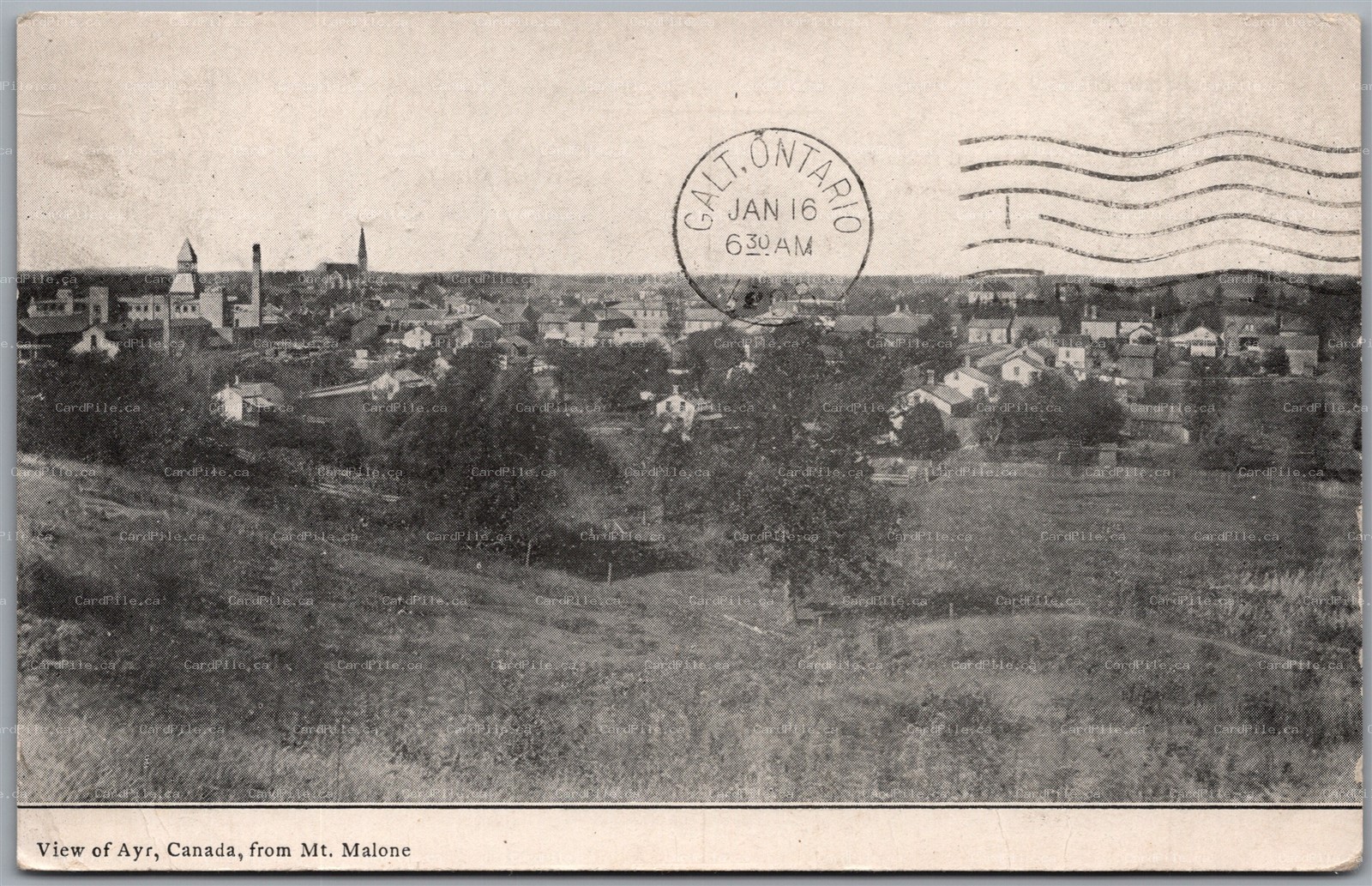Postcard Ayr Ontario c1908 Town View from Mt. Malone Split Ring Cancel