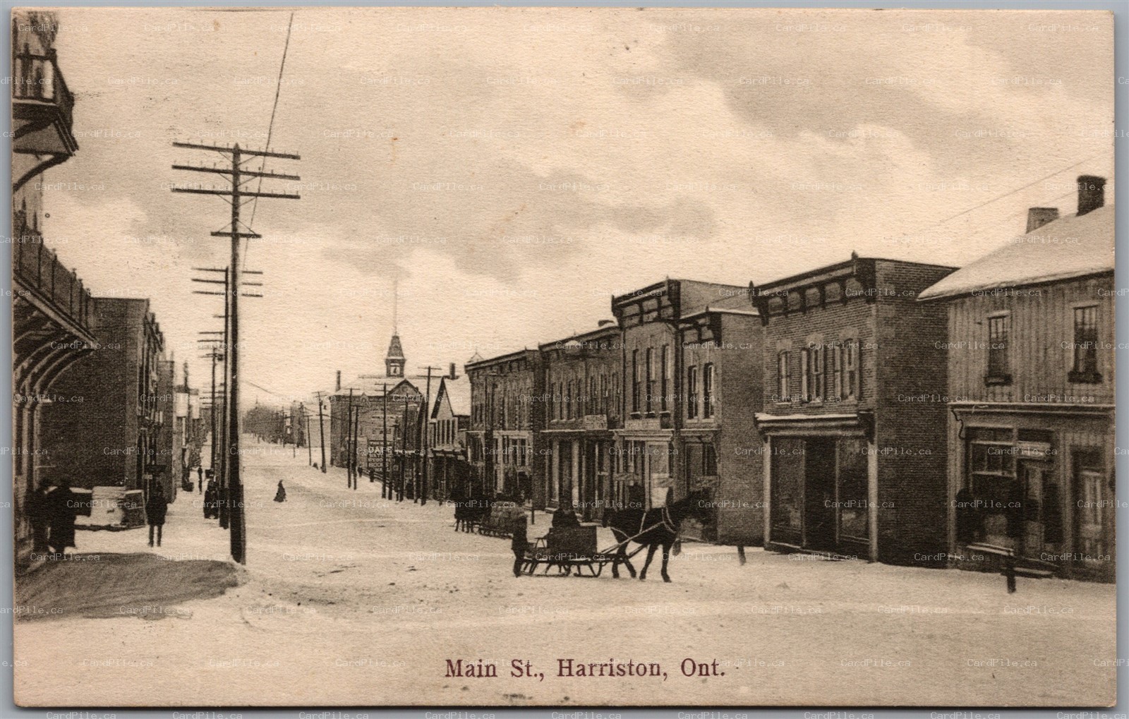 Postcard Harriston Ontario c1906 Main St. Winter Scene Horse Sleds Wellington Co