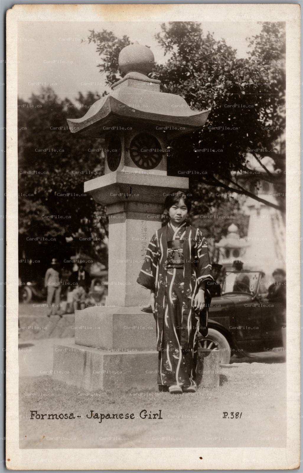 Postcard RPPC c1920s Formosa Taiwan Japanese Girl Stone Lantern