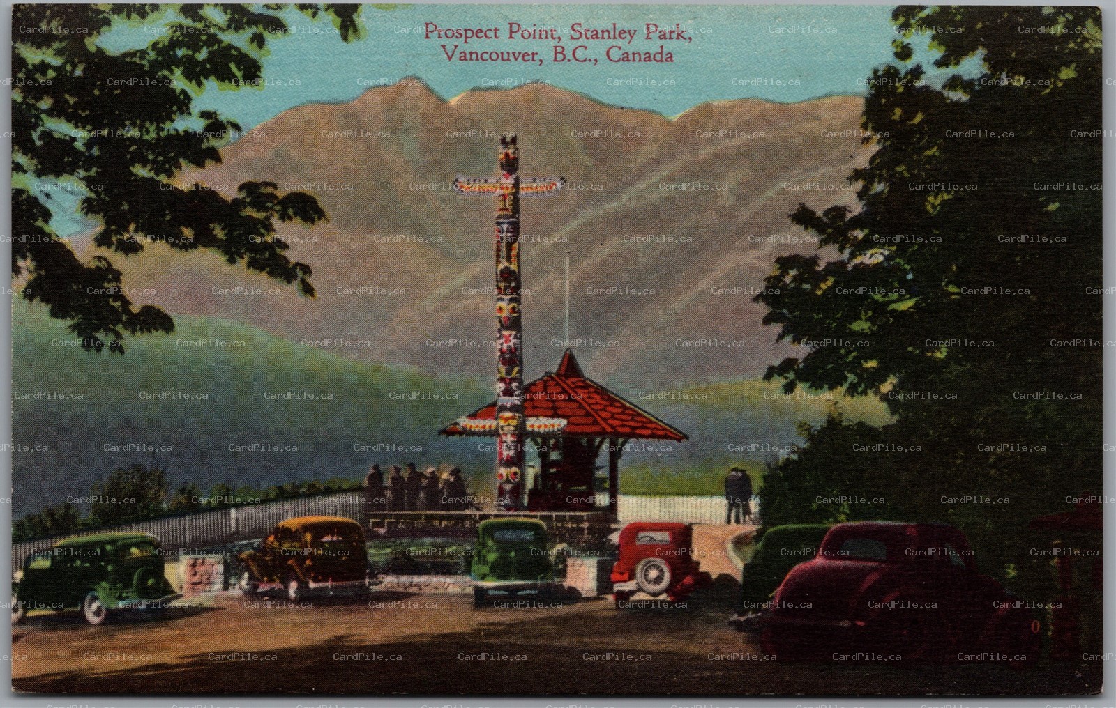 Postcard Vancouver British Columbia Prospect Point Stanley Park Totem Pole Cars