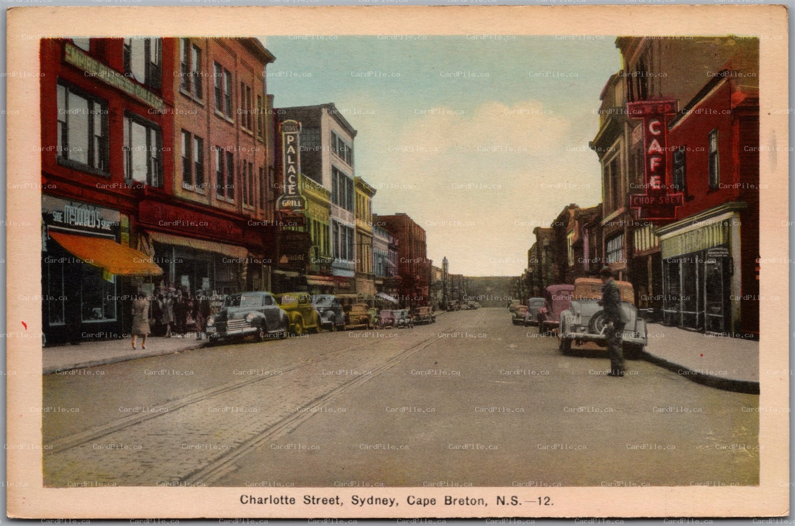 Postcard Sydney Cape Breton Nova Scotia Charlotte Street Old Cars Shops Signs