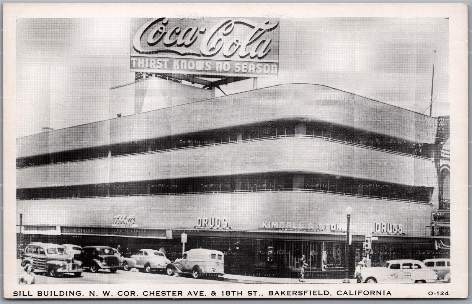 Postcard Bakersfield California Sill Building Coca Cola Sign Old Cars Kern Co.