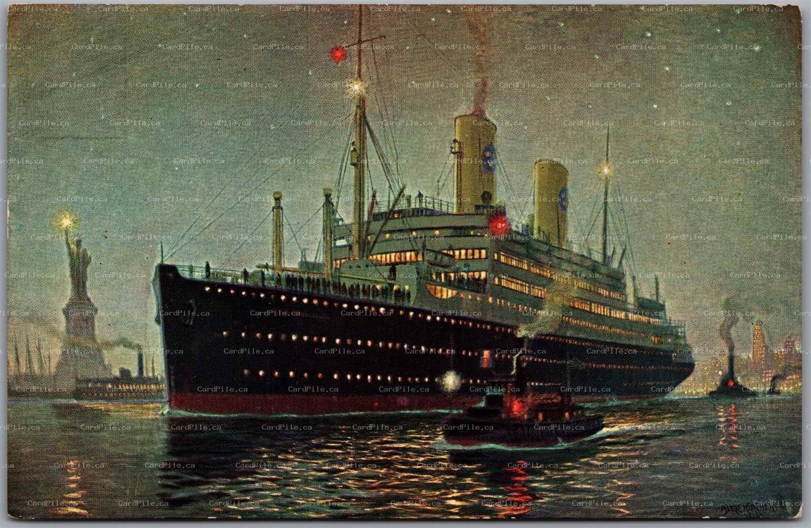 Postcard Swedish American Line T.M.S. Kungsholm Arriving in New York at Night