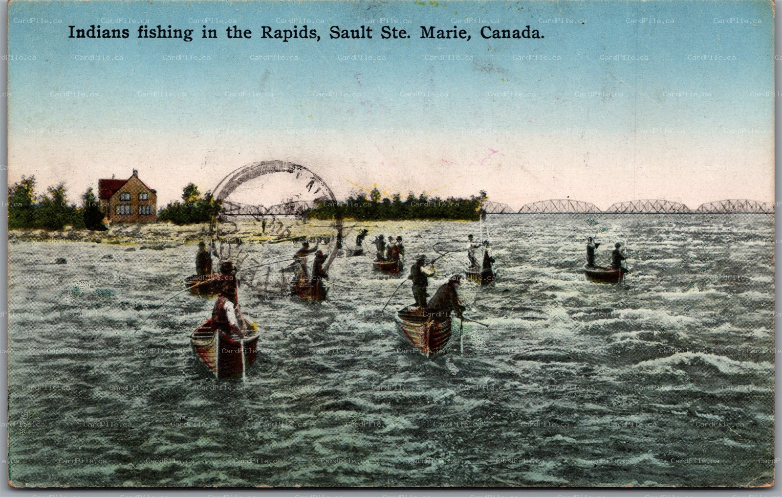 Postcard Sault Ste. Marie Ontario c1944 Indians Fishing in the Rapids Canoes