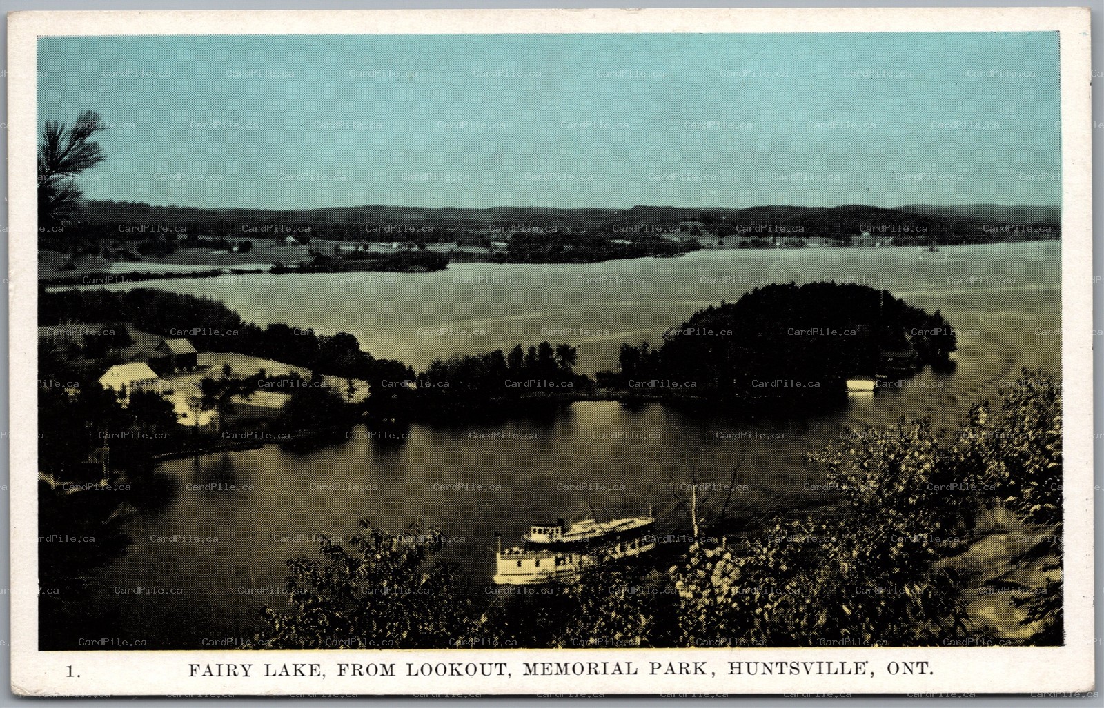 Postcard Huntsville Ontario c1930s Fairy Lake From Lookout Memorial Park Steamer