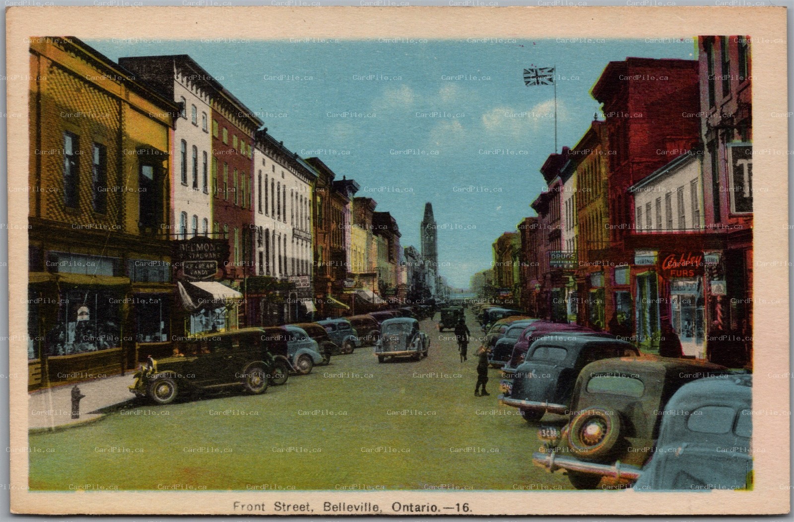 Postcard Belleville Ontario c1930s Front Street Old Cars Shops Hastings County