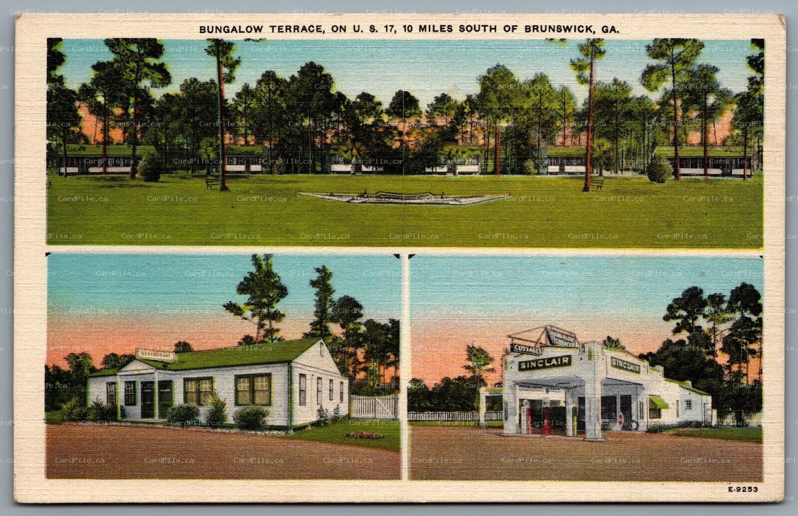 Postcard Brunswick GA c1930s Bungalow Terrace U.S. Hwy 17 Sinclair Gas Station 
