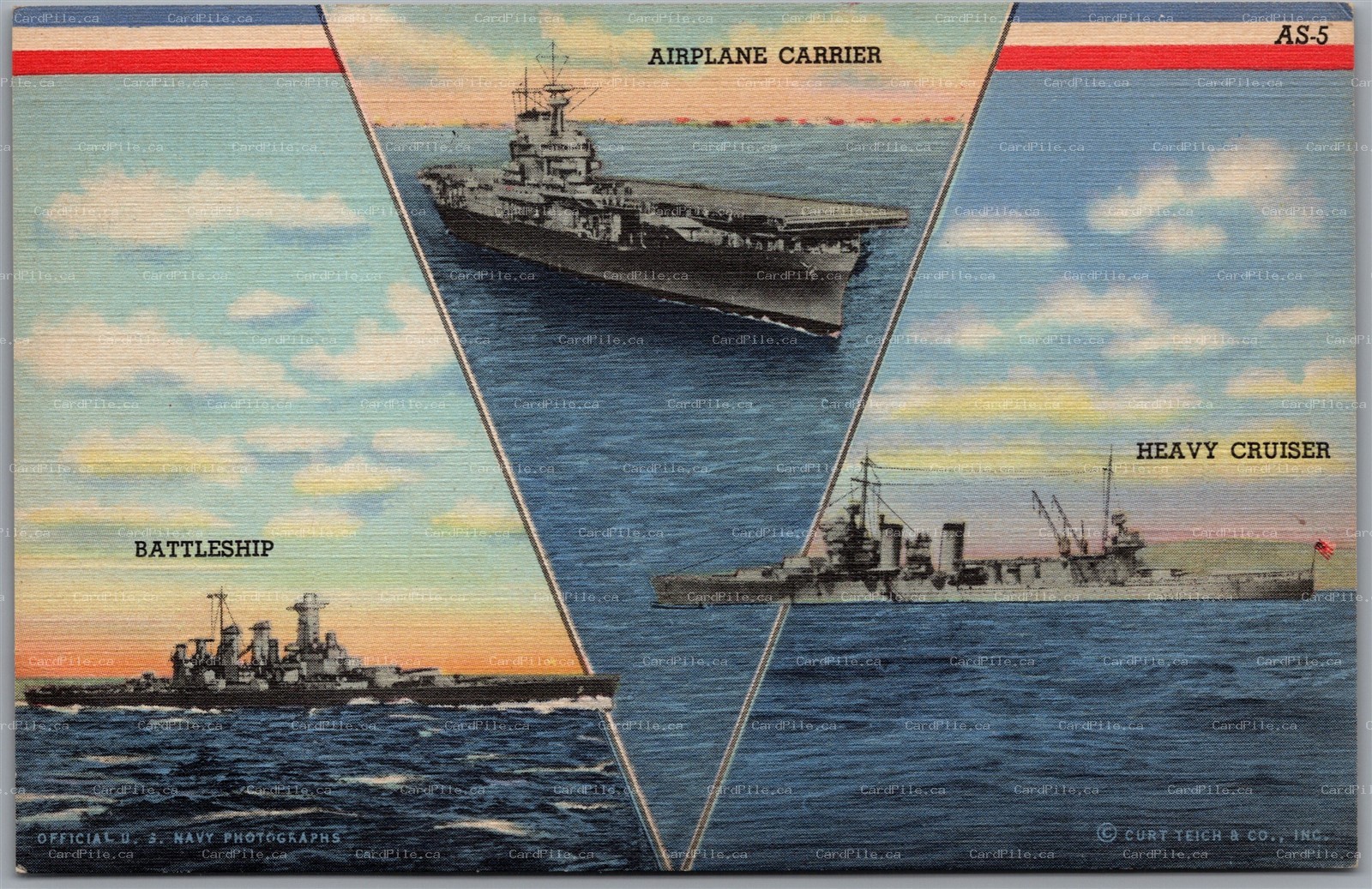 Postcard c1940s Multi Views Battleship Airplane Carrier Heavy Cruiser Curt Teich