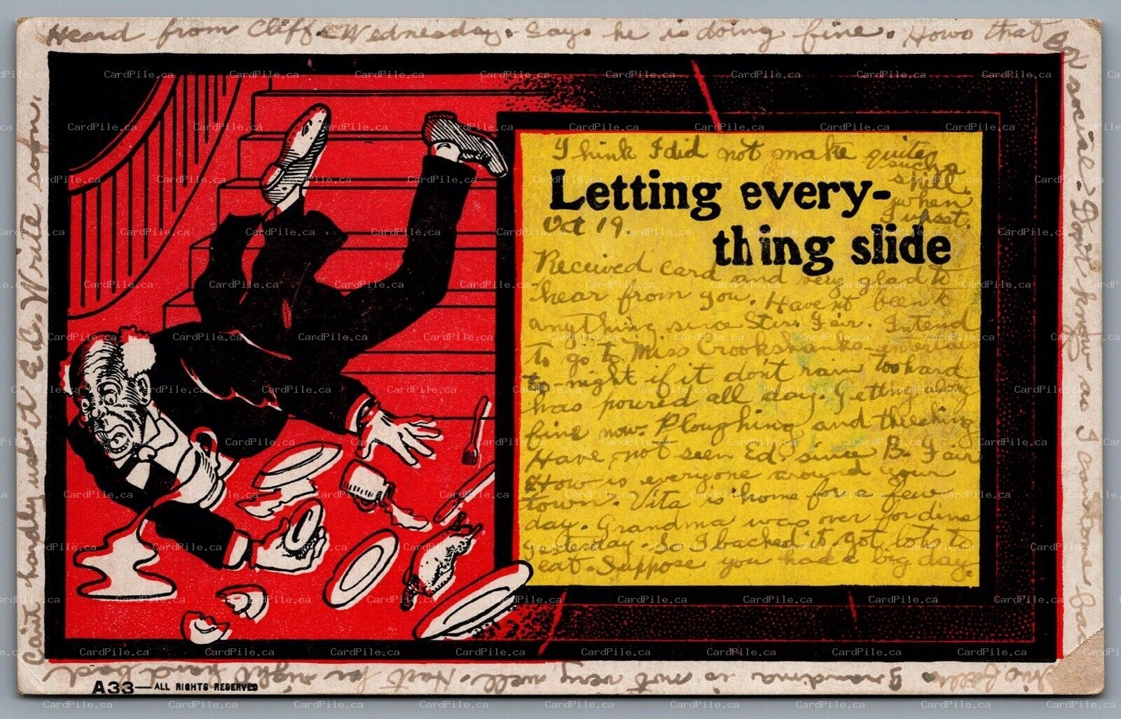 Postcard Comic c1906 Letting Everything Slide Waiter Split Ring Cancel Anson ONT