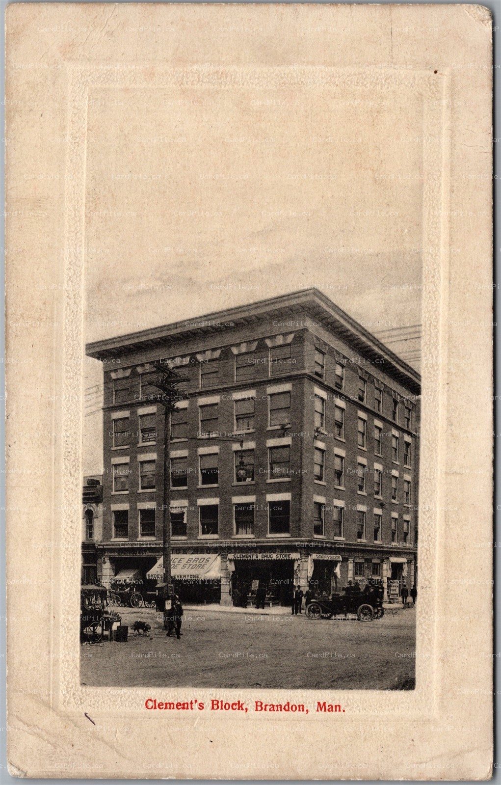 Postcard Brandon Manitoba c1912 Clement's Block Drug and Shoe Store Old Car