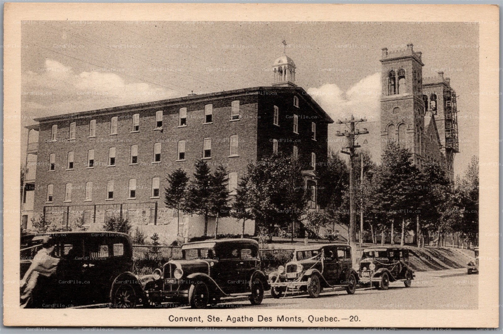 Postcard Ste. Agathe des Monts Quebec Convent Old Cars
