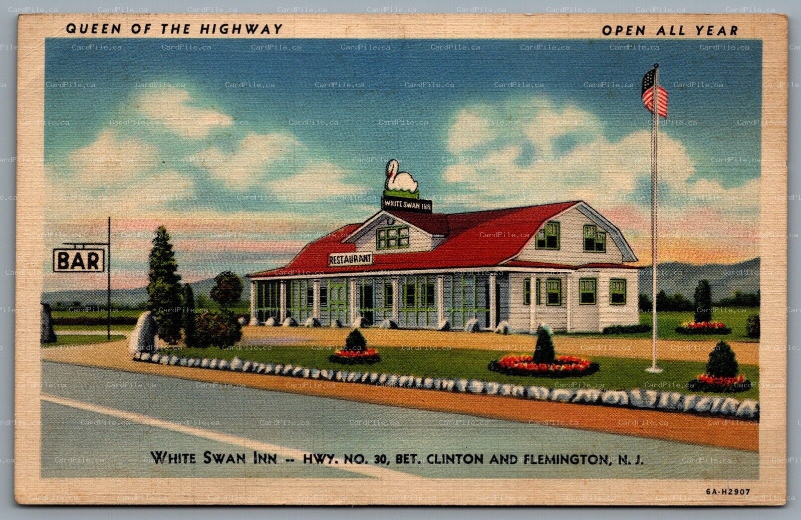 Postcard Flemington NJ c1936 White Swan Inn Hwy 30 Queen Of The Highway Advert